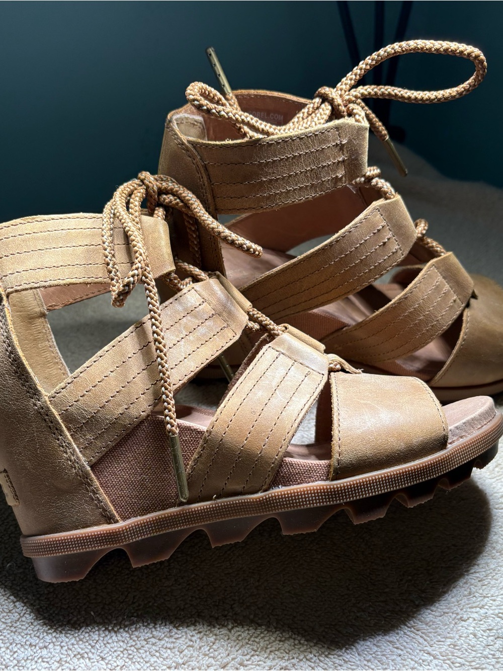 Women’s Sorel Tan Strappy Wedge Sandals with Lace-Up Detail